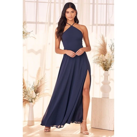 Lulus Magic in the Air Navy Blue Lace-Up Maxi Dress Size Medium - Picture 1 of 9